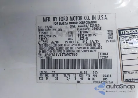 2003 Mazda B3000 Ds z USA, uszkodzony, nr VIN 4F4YR16V63TM07865